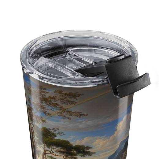 Heroic Landscape with Rainbow on 20 oz stainless steel tumbler, close up.
