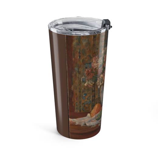 Still Life with Flowers and Prickly Pears on 20 oz stainless steel tumbler, left.