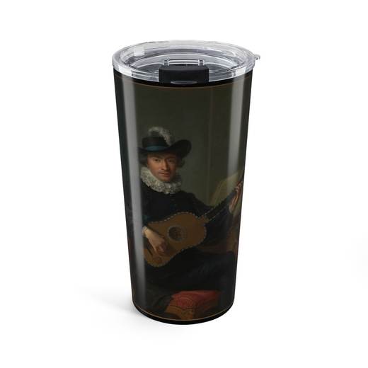 Portrait of Monsieur Aublet on 20 oz stainless steel tumbler, front.
