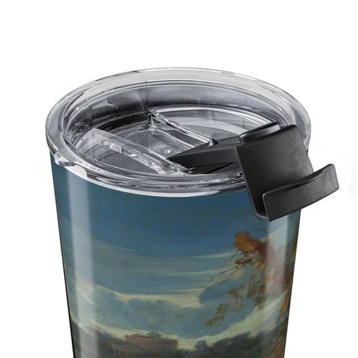 Roman Landscape with a Shepherd and Sheep on 20 oz stainless steel tumbler, close up.