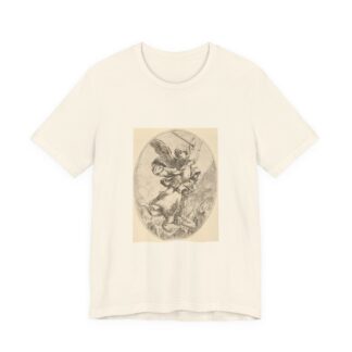 The winged archangel Saint Michael holding a sword and standing on the head of the devil, who descends into hell, an oval composition · T-Shirt